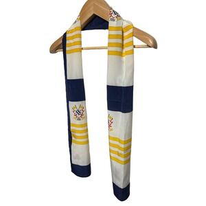 VTG Ginnie Johansen 1988 Silk Scarf White Navy Yellow Striped‎ EUC